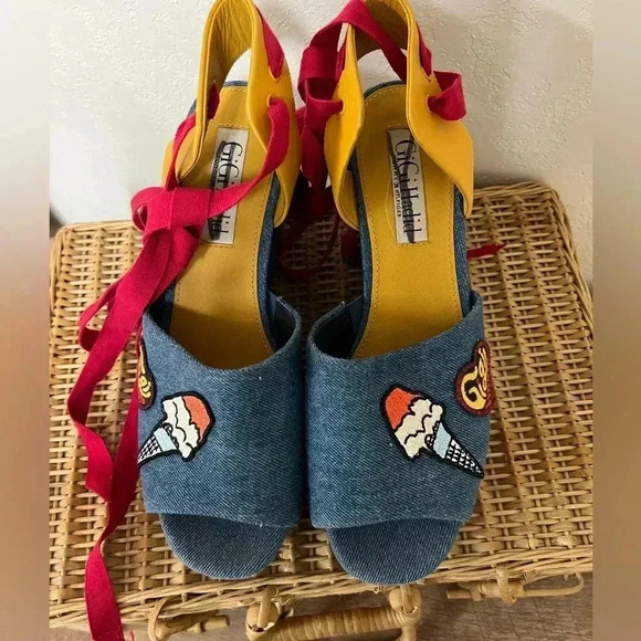 GiGi Hadid x Tommy Hilfiger Denim patchwork Wedges 8.5 - Picture 7 of 7